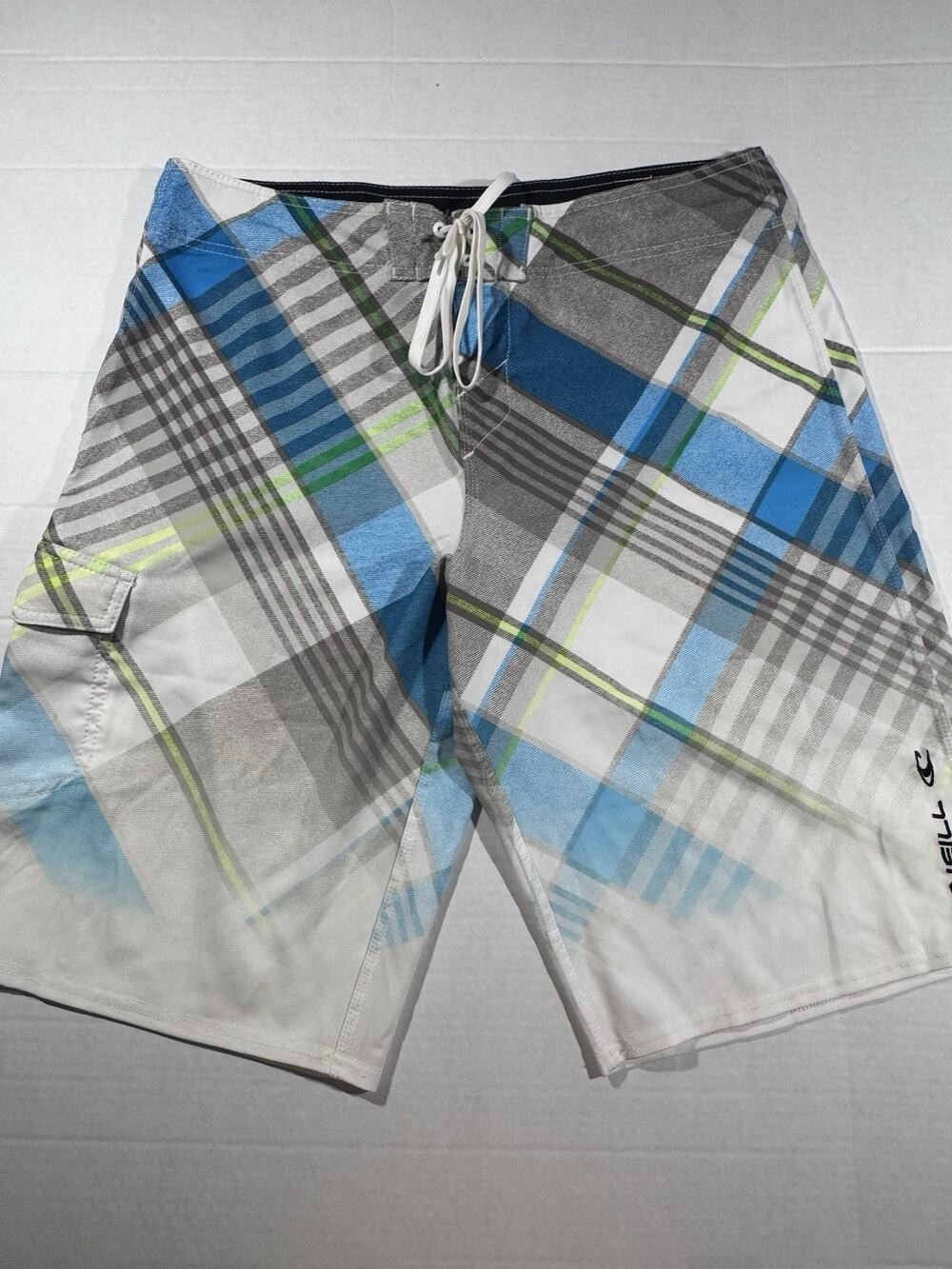 O'Neill Men’s Plaid Board Shorts 34 Drawstring Blue Gray Green White